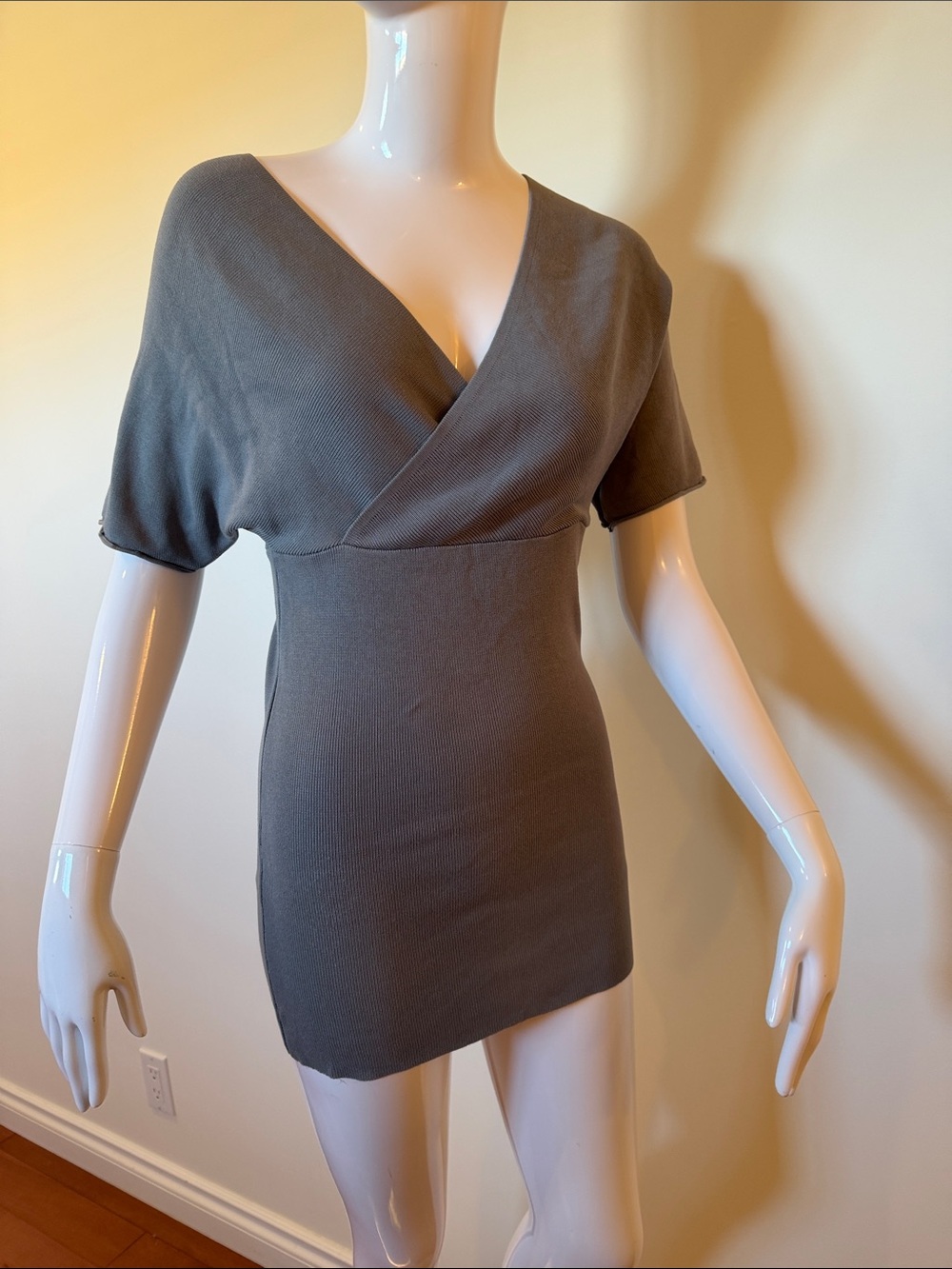 Grey Ribbed Surplice V Neck Tunic Top Flutter Sleeve